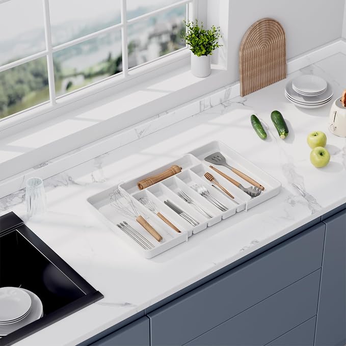 Aujen Silverware Drawer Organizer, Adjustable Utensil Cutlery Tray | Expandable Kitchen Organizer for Forks Knives, Multipurpose Kitchen Storage, Apartment Essentials, White, Large