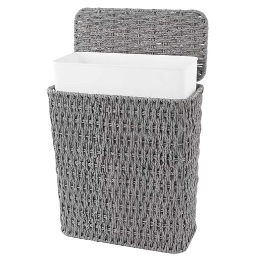 Coeusy 3 Gallon Paper Rope Bathroom Trash Can,Small Wicker Trash Cans with Lid and Liner,Woven Rattan Narrow Waste Basket for Bedroom,Office,Grey