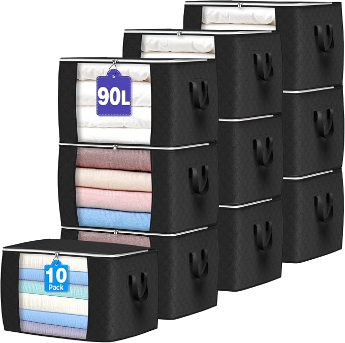 90L Large Storage Bags, 10 Pack Clothes Storage Bins Closet Organizers | Foldable Storage Containers, with Reinforced Handle, for Clothing, Blanket, Comforters, Bed Sheets, Pillows and Toys,Black