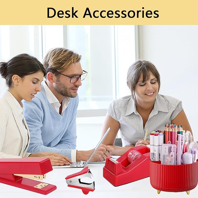 Office Supplies,Red Desk Accessories,Office Supplies Set,Desk Organizer,Stapler,Tape Dispenser,Scissors,Staple Remover,Binder Clips,Staples,Ballpoint Pen,Index Tabs with Ruler,Clear Tape.10pcs