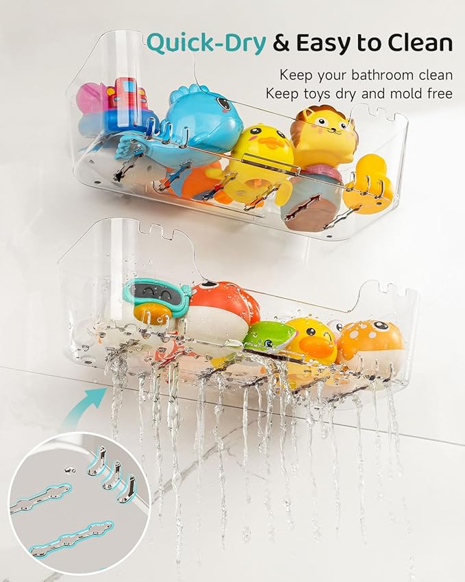 Bath Toy Storage Organizer 4 Pack, Clear Bath Toy Holder with Drain Holes | Durable Plastic Bathtub Toy Storage for Bathroom, Quick-Dry Drainable Shower Caddy, Easy to Clean (Plastic 4 Pack)