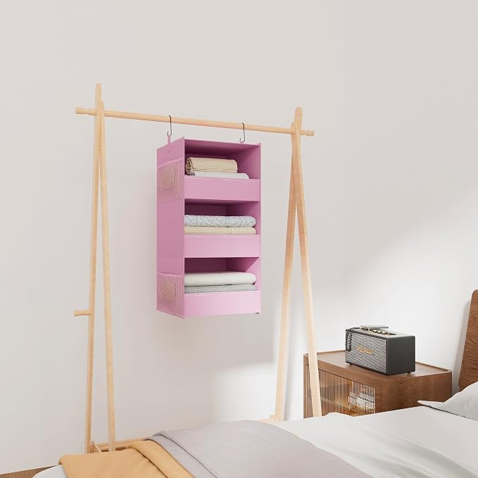 3-Shelf Hanging Closet Organizer, Washable Foldable Storage Shelves, Pink | Front lip keeps items secure; side pockets add room; Oxford fabric handles towels, shirts, baby items, dorms, RVs or travel.
