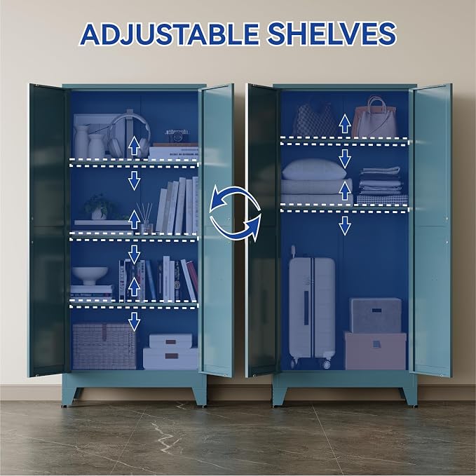 COFaR Metal Pantry Cabinet with Doors, Farmhouse 61'' Tall Storage Cabinet with 3 Adjustable Shelves, Kitchen Pantry Cabinet for Dinning Room, Laundry, Peacock Blue 4-Tier