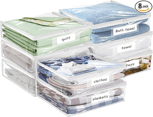 Kikerike Plastic Storage Bags with Easy-Glide Zipper, Pack of 8, Durable Clear Vinyl Zippered Storage Bags for Clothes Sweaters Comforters Blankets Sheets Bedding (14.2 x 12 x 3.2 Inch, White)