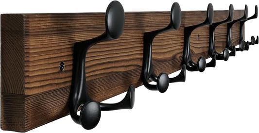 WEBI Coat Rack Wall Mount,36" Solid Wood Coat Hooks Wall Mounted Coat Hanger,16" Hole to Hole,Heavy Duty Hook Rack,6 Triple Hooks for Hanging Coats,Jacket,Hat,Backpack,Farmhouse,Brown