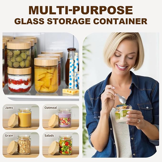 4 Pack 16oz Glass Jars with Bamboo Lids, Overnight Oats Containers with Airtight Lids, Storage Containers Wide Mouth Mason jars for Salad,Yogurt, Sugar, Snacks, Spices