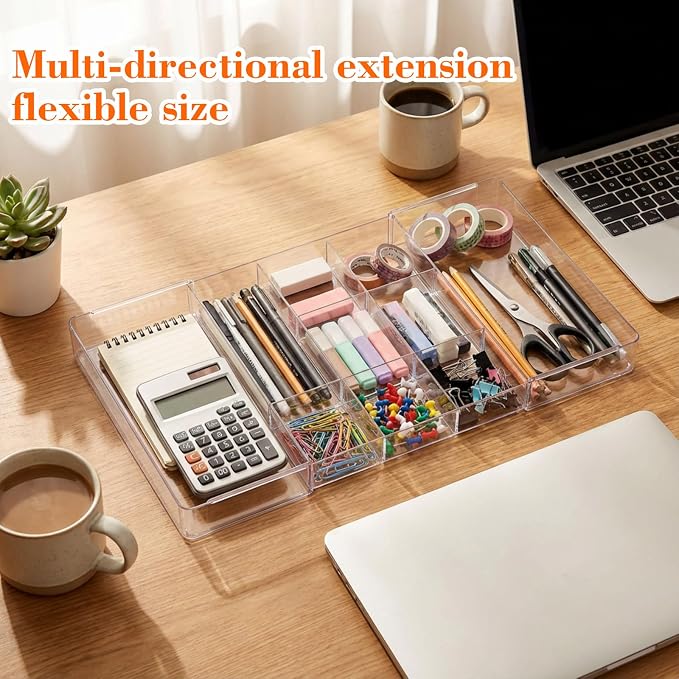 Briwooody 1 Pcs Large Expandable Acrylic Drawer Organizers, Grid Adjustable Drawer, Dividers Organizer for Desk, Makeup, Jewelry, Office, Kitchen Supplies (Clear,11 Compartments)