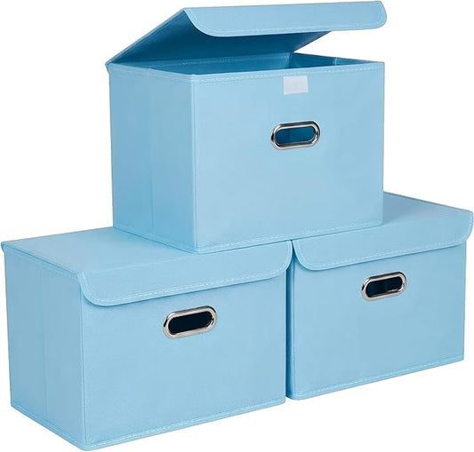 STOREONE Fabric Storage Cube Bins Foldable Organizer Container Collapsible Basket with Lids and Metal Handles, for Home, Bedroom, Closet 3 Pcs (multicolour-blue)