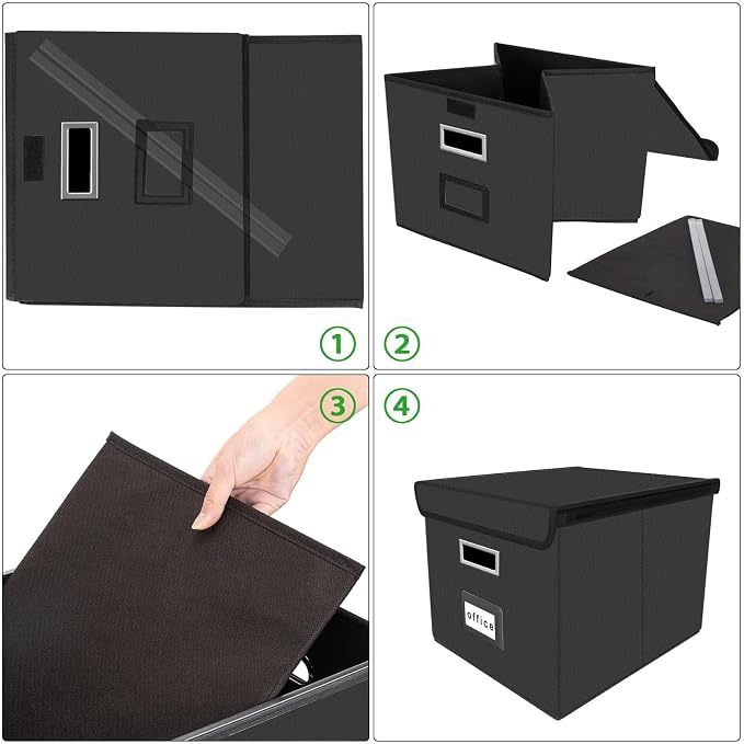File Organizer Box with Lids, Collapsible File Folder Organizer | File Box with Plastic Slides for Document, Filing Bin for Letter Size Hanging File Folders (2 Pack, Black, Leather)