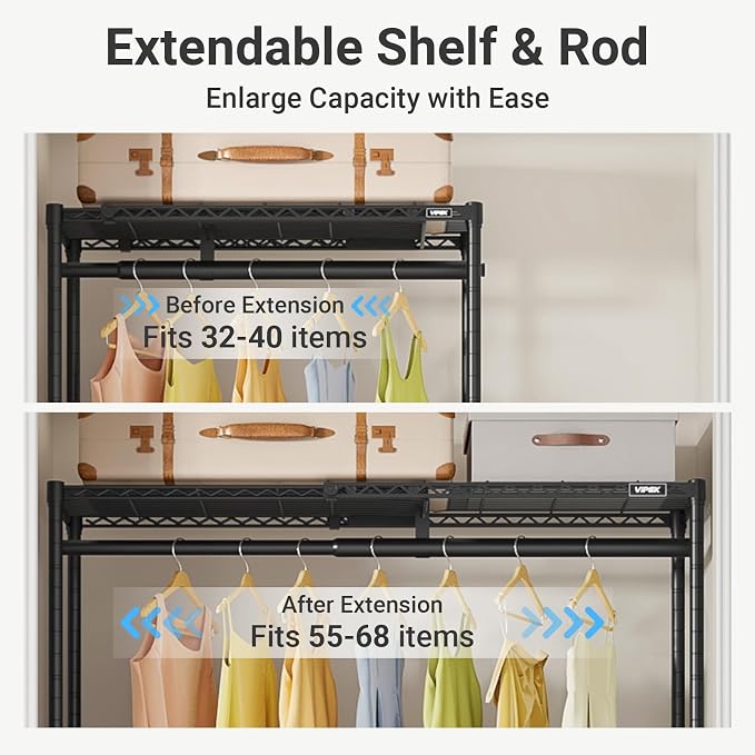 VIPEK X1 Plus Expandable Heavy Duty Clothes Rack, Clothes Organizer Black | Reach-in Closet System with Adjustable Shelves & Hanger rods from 2'8" to 4'6", Metal Clothing Racks Portable Walk-in Closet