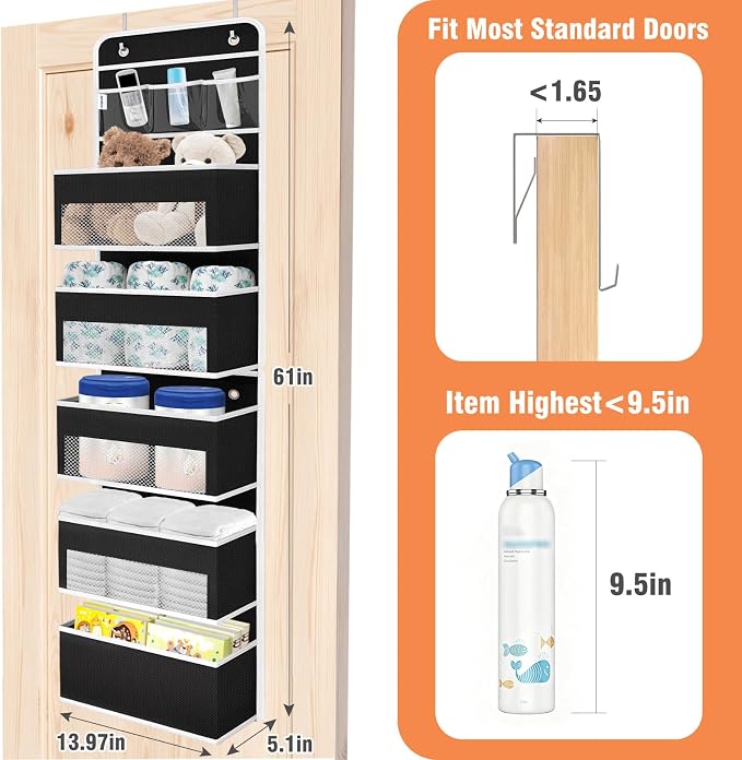 Over The Door Organizer Storage Large Capacity Hanging Bedroom Storage | 6 Shelves, Detachable, 40 LB Capacity, Mesh Design, Clear Window, Sturdy, Storage Organizer for Nursery, Pantry & Closet