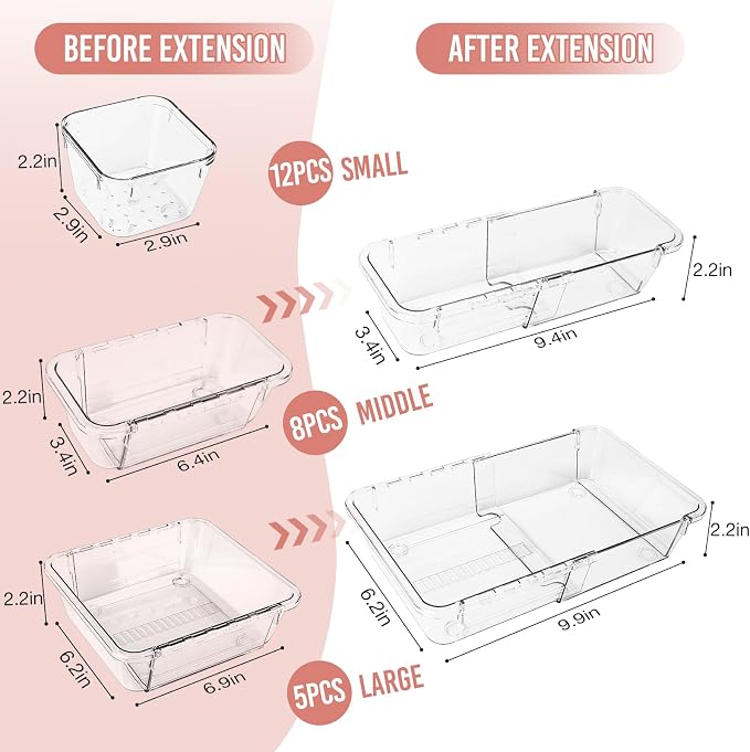 IAMGlobal 25PCS Expandable Drawer Organizer, 3-Size Adjustable Storage Bins | Acrylic, Clear, Transparent, Stackable, Expanding, No Assembly Required, Easy to Clean, for Makeup, Bathroom, Kitchen, Office