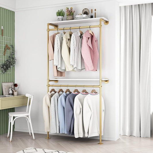 DR.IRON Gold Pipe Clothing Racks with 2 Tier Shelves, Wall Mounted Gold Clothes Rack with Double Hanging Rods Heavy Duty Garment Storage Rack Display Racks Rod for Clothes,Laundry Room