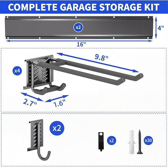 Tool Organizer Wall Mount, 32inch Heavy Duty Garden Tool organizer Storage System, Easy Install With 6 Adjustable Hooks, For Garage, Basement, Shed, Workshop(Black)