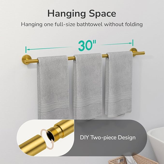 USHOWER Brass Gold Bath Towel Bar, 30-Inch Towel Racks for Bathroom | Thicken SUS304 Stainless Steel Towel Rod, Towel Holder Wall-Mounted, Modern Home Decor (Total Length 32-Inch)