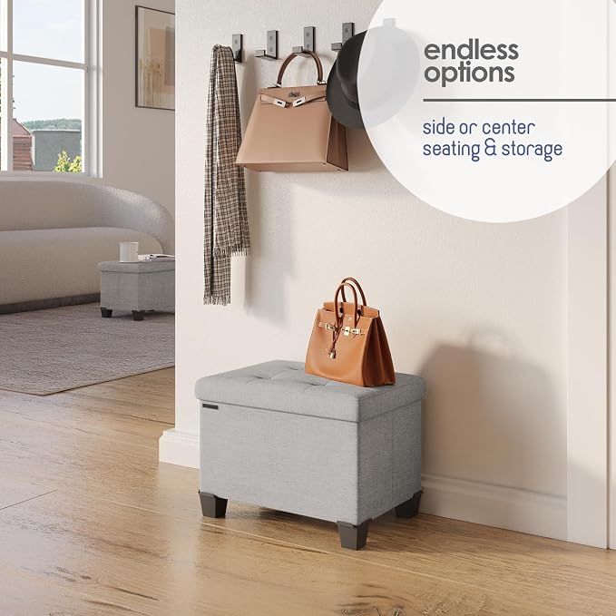 Storage Ottoman Cube with Small Bin, 16-in Square Ottoman with Storage for Living Room and Bedroom, Small Ottomans Foot Rest, Fabric Foot Stools Ottomans Max 330lbs, Light Grey