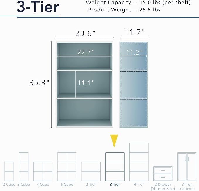 Homes: Inside + Out Apexa 3-Tier Cube Storage Organizer Shelves, Stackable Wood Bookcase Fits Cubby Bins for Organization, Dorm Teen Room Decor & Home Office, Light Blue