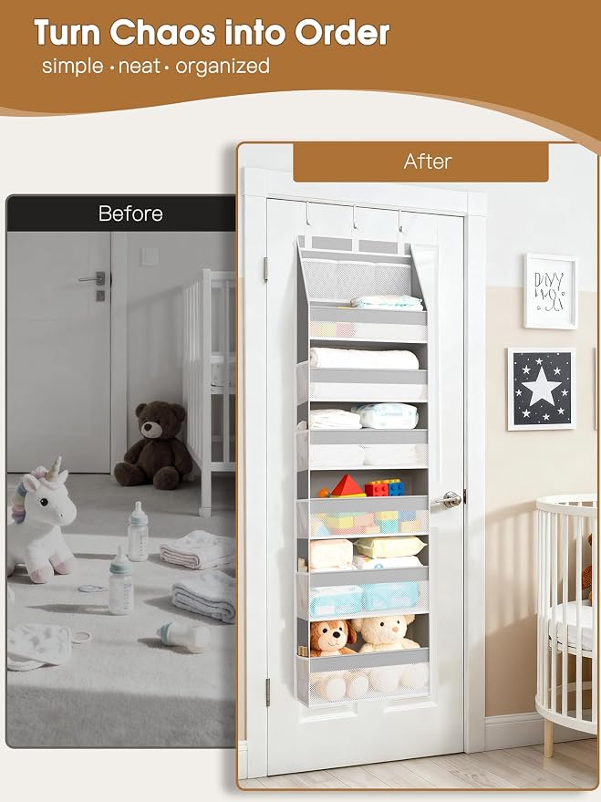 Criusia 2 Pack Over The Door Organizer, Heavy-Duty 6-Shelf Hanging Storage with 13 Mesh Pockets, 55lbs Capacity Behind The Door Storage for Nursery, Bathroom, Bedroom, and Dorm, Grey