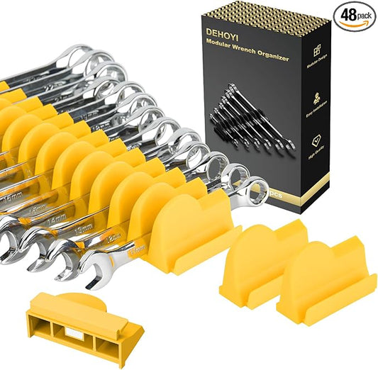 DEHOYI 48 pcs MAGNETIC Modular Wrench Organizers for Tool Drawers - Wrench Rack with Metric&SAE Labels, Perfect Tool Storage Holder. Gift for mechanics (Yellow)