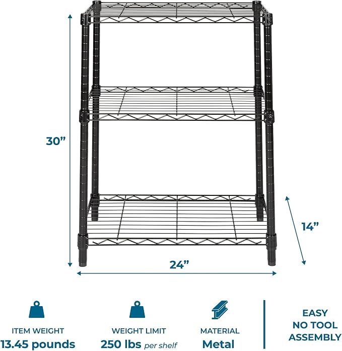 Honey-Can-Do 3-Tier Heavy Duty Adjustable Shelving Unit, 250-lb Per Shelf Metal Storage Rack, NSF Certified Wire Shelf for Kitchen Garage Pantry, Black, 24 x 14 x 30 in