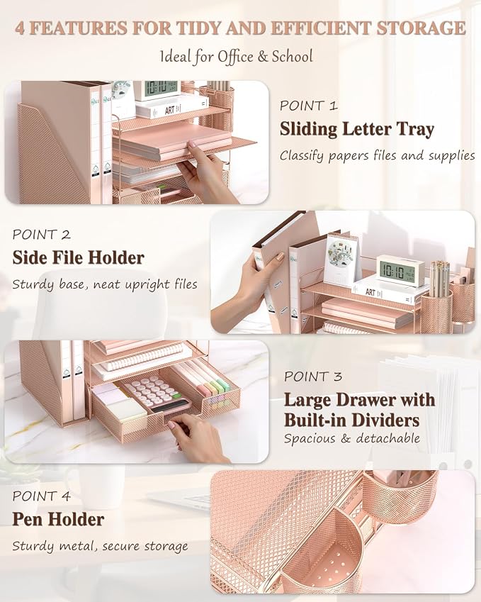 WALI Desk File Organizer, 4 Tier Desktop Paper Letter Tray Organizer with Drawer and 2 Pen Holders, Office Desk Accessories & Workspace Organizers for Office, Home, School Supplies, 1 Pack, Rose Gold