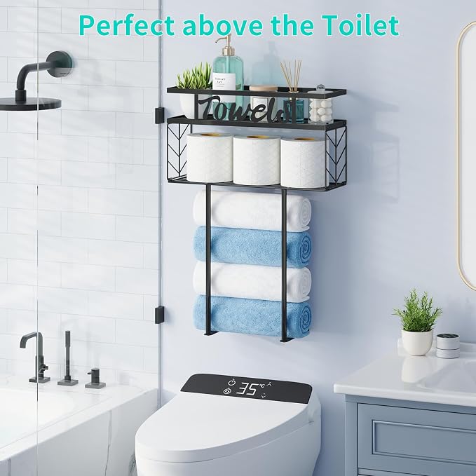 HapiRm Wall Towel Rack for Bathroom, Paper Towel Holder for Above Toilet | Metal Rolled Towel Storage with 4 Hooks Space-Saver Towel Shelf Organizer For Bathtub, Vanity, Small Bathroom, RV, Camper