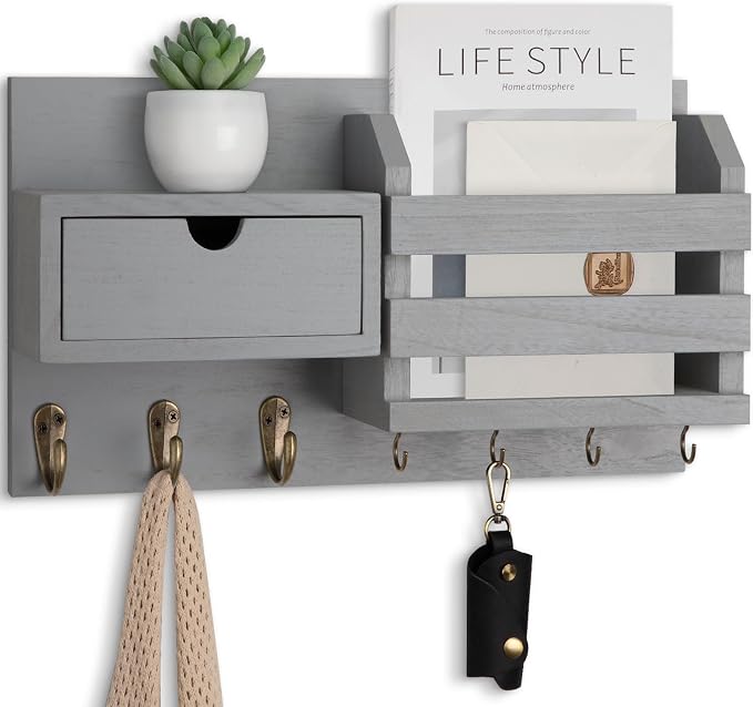 Lwenki Wall Mount Key Holder with Mail Organizer, 100% Paulownia Wood, 7 Metal Hooks, Storage Drawer, Entryway Home Decor (Gray)