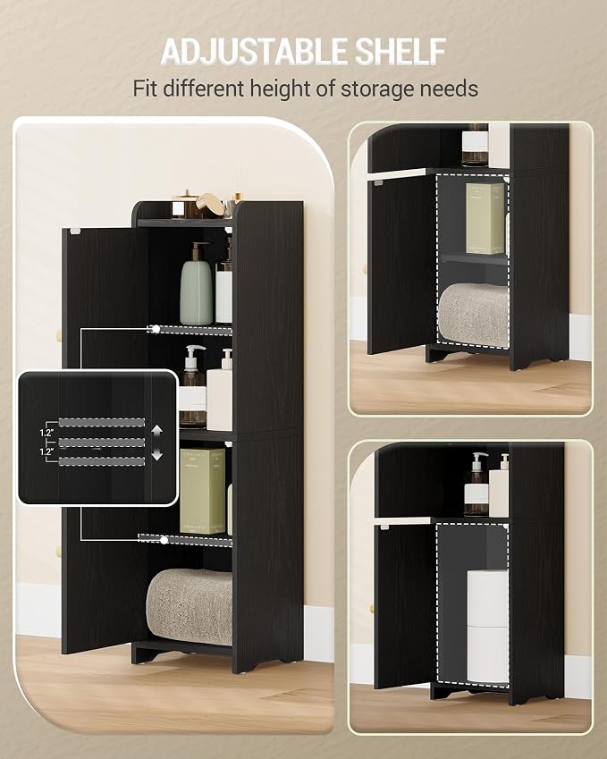 Hzuaneri Bathroom Storage Cabinet, Small Corner Floor Cabinet with 2 Doors | Narrow Toilet Paper Cabinets with Adjustable Shelf, Bathroom Organizer for Small Spaces, 7.9"D x 7.9"W x 29.5"H Rattan Black
