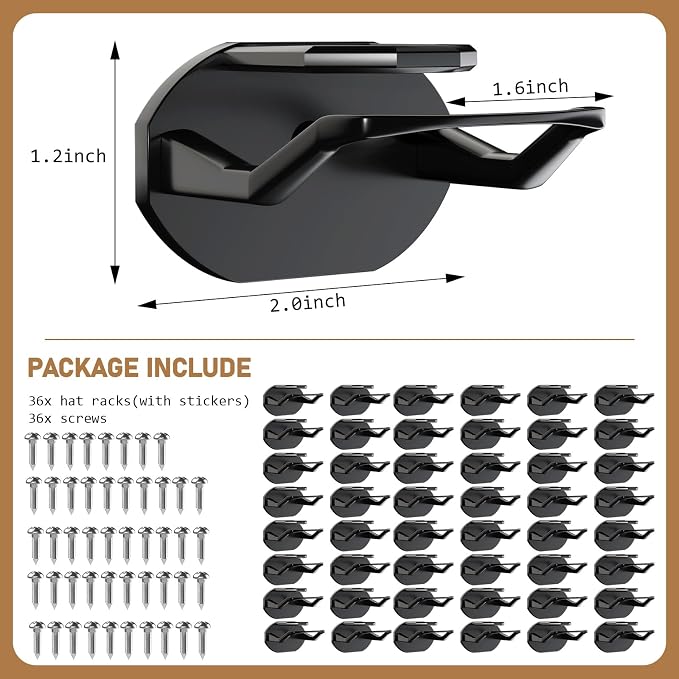 Niunuerga 48 Pack Adhesive Hat Hooks for Wall, Super Strong Hat Rack for Baseball Caps, Minimalist Hat Organizer Display for Home Decor, Hat Hangers Holder for Wall, Door, Closet, No Drilling (Black)