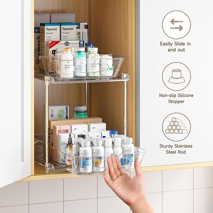 Sevenblue 2-Pack 2-Tier Under Sink Organizer with Pull Out Drawers | Multi-use kitchen & bathroom storage. Includes hanging hooks and cups. transparent, space-saving cabinet design. 12.8 Inch
