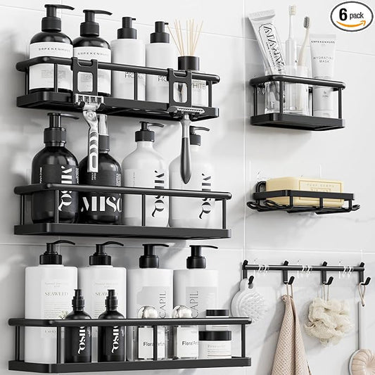 YASONIC Shower Caddy Adhesive, Rustproof Shower Organizer with Soap Holder, Large Capacity Shower Shelves for Inside Shower, No Drilling Bathroom Organizers and Storage for Home Decor 6 Pack Black