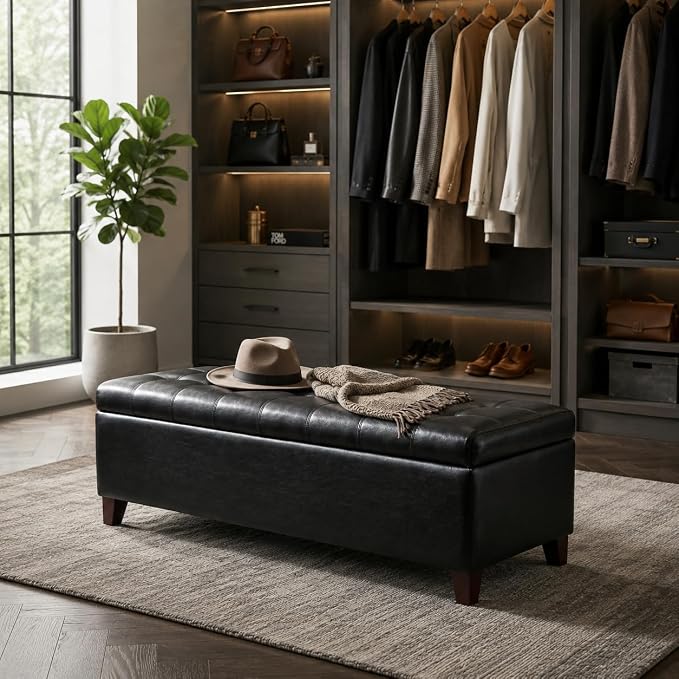 Black Ottoman with Storage Faux Leather Storage Ottoman Bench | 51 Inch Upholstered End of Bed Ottomans with Hinged Lid, Rectangle Long Foot Rest Bench for Entryway Living Room Bedroom