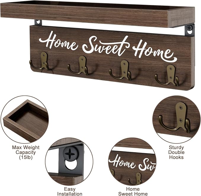 buways Key Holder Wall Mount with 8 Rustic Hooks and Cozy Home Sign（Brown） | Solid Wood,lots of colors, Floating Shelf for Keys, Mail, and Daily Essentials in Entryways, Hallways or Home Decor