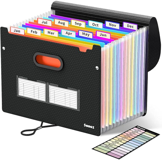 Sooez Accordion File Organizer, 13-Pocket Expanding File Folder Letter Size | Deeper 13-Pocket Keep Index Tabs Visible, Thickened Cover, Monthly Bill Paper Receipt Document Organizer, Home Office School