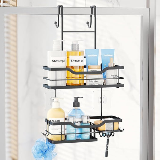 Consumest Over Door Shower Caddy - 2 Tier Shower Shelves Hanging with Soap Holders, Large Capacity Shower Organizer with 4 Hooks, Bathroom Rack and Storage, Black