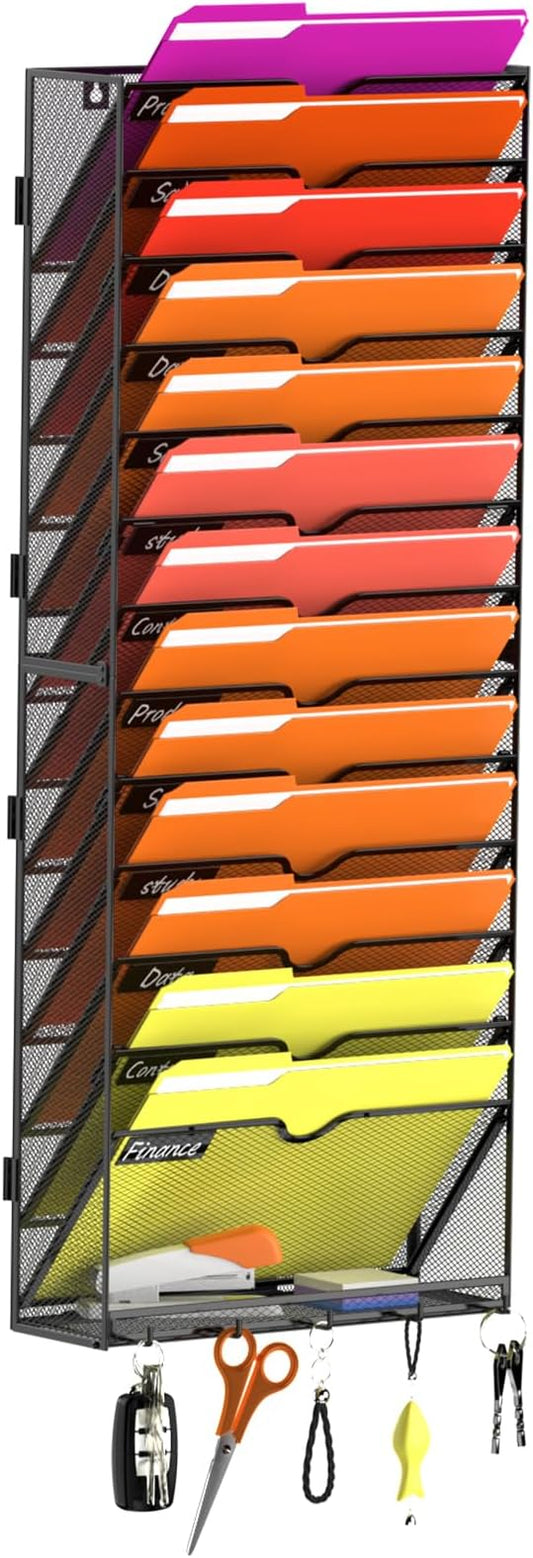 14-Tier Wall File Organizer with Base and Hooks, Hanging Organizer, Black | Wall Organizer and Wall File Holder with 14 Vertical Pockets and Bottom Tray for Files, Mail, Folders, Magazines and Paper