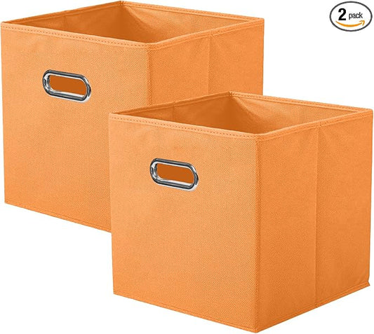 ShellKingdom Storage Bins, Foldable Fabric Storage Cubes with Metal Handle | Cloth Storage Organizer Drawer For Closet And Toys, 11 X 10.5 X 10.5 INCH, 2 Pack (Orange)