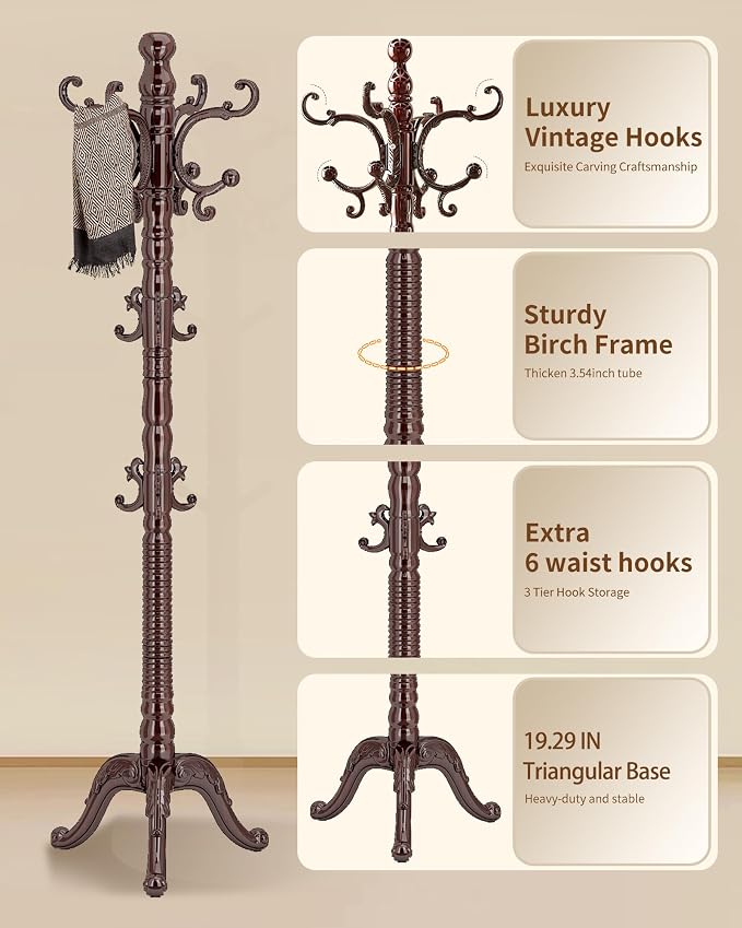 Wooden Coat Rack Stand, Solid Wood Freestanding Coat Rack, Vintage Coat Racks with 14 Hooks & Triangle Base, Standing Coat Hanger Jacket Tree Stand for Office, Entryway, Hallway