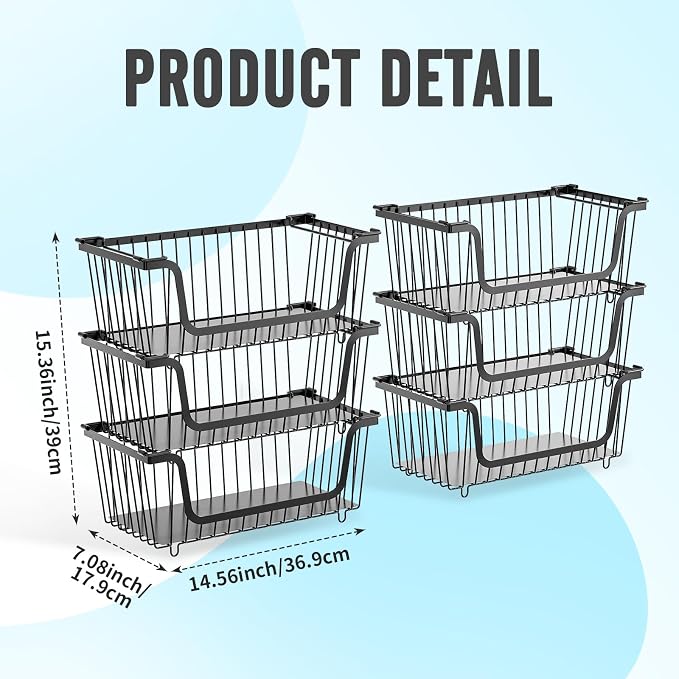 GAOKASE 6 Pcs Stackable Wire Baskets for Pantry Organizers and Storage, | Vegetable Fruit Basket for Countertop,Kitchen Storage Metal Baskets,Produce Potato Onion Storage Bin,Black