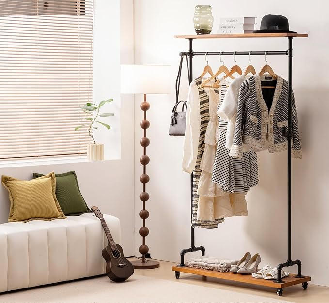 Industrial Pipe Clothing Rack, Wood Clothes Rack, Rolling Garment Rack | Iron Clothing Hanging Rod with Shelves, Wheels and Hangers, Heavy Duty, Steampunk, Retail, Bed Room, Entry, Laundry Room