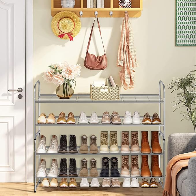 AOODA 2 Tier Long Metal Shoe Rack for Closet Wide Stackable Shoe Storage Organizer 18-Pairs Low Small Sneaker Rack for Entryway, Bedroom, Garage, Grey