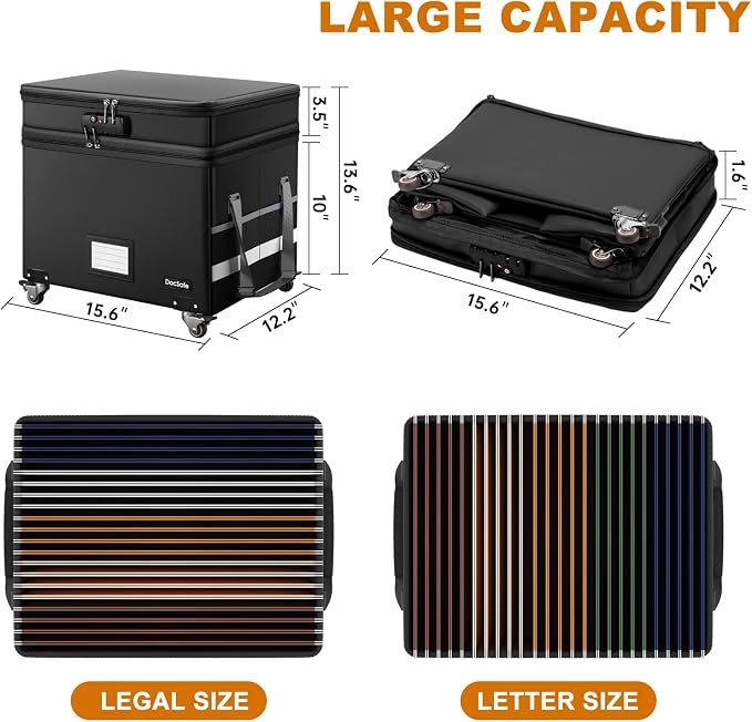 DocSafe Fireproof Document Box with Lock,2-Layer File Box with Wheels,Collapsible File Storage Organizer with Pockets,Large Portable Home Filing Cabinet for Hanging Folders,Black,16''x13.8''x12.2''