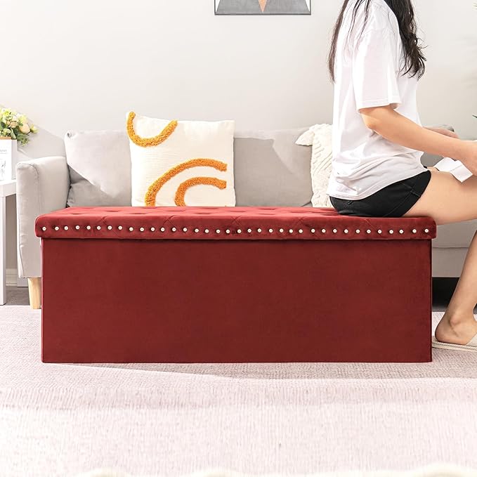 B FSOBEIIALEO Luxury Velvet Fabric Storage Ottoman Bench, Extra Large 140L Toy Chest Storage Boxes Footrest Bench for Bedroom, 43 Inches Red
