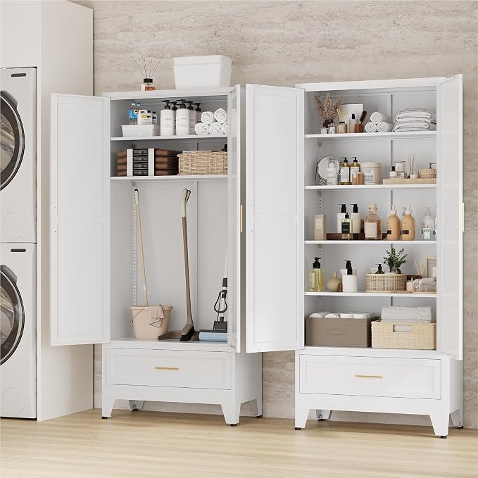 71" Tall Kitchen Pantry Cabinet,Farmhouse Pantry Cabinet,Metal Cabinet with Adjustable Shelves and Drawer,Storage Cabinet for Kitchen Dining Room Garage,White 1 Pack
