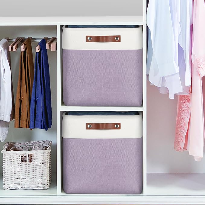 Univivi Cube Storage Bins,Fabric Storage Basket,13 inch,Purple,4 Pack | Large Capacity,Metal Frame,Hard Cardboard Bottom,Foldable,Linen Closet Baskets with PU Handles