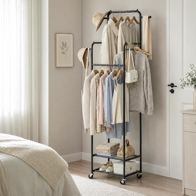 Small Clothing Rack with Wheels, Narrow Rolling Clothes Rack with 2 Shelves | Gasvadivum 71" Tall Sturdy Metal Garment Rack with 4 Hanging Rods & 4 Hooks, Portable Coat Rack for Bedroom, Bathroom, Black