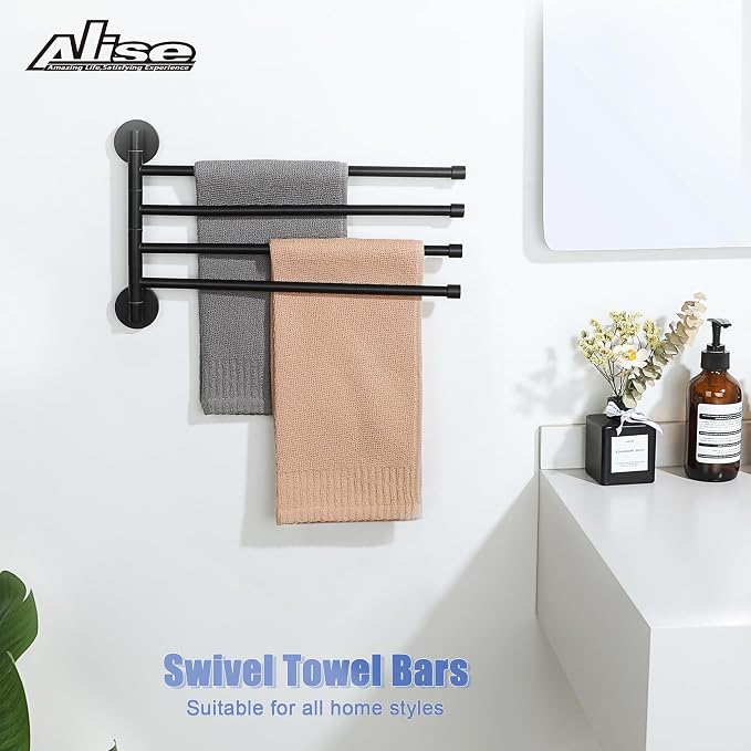 Alise Swivel Towel Rack,Folding 4 Arms Hand Towel Bars Towel Hanger for Bathroom,Wall Mount Drying Racks for Laundry,SUS304 Stainless Steel Swing Out Towel Holder Storage Space Saving,Matte Black | Space Saving Swing Arm Towel Rack for Bathroom Kitchen...