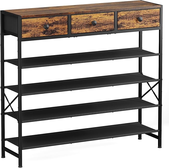 5 Tier Shoe Rack with 3 Drawers Rustic Brown | Holds 24-30 pairs. 3 drawers for accessories. Fabric shelves keep shoes dust-free. Quick 20-min assembly.