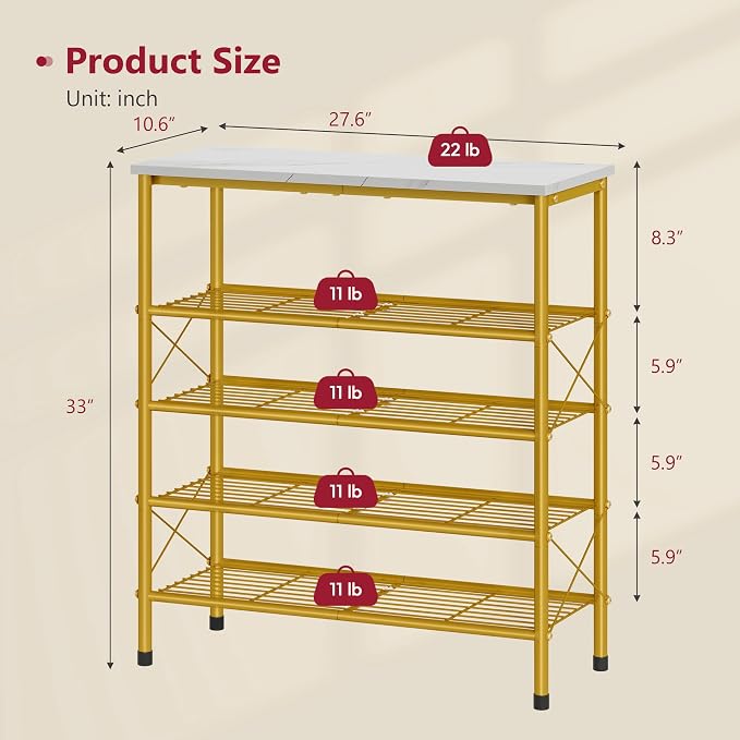5 Tier Shoe Rack Organizer for 16-20 Pairs of Shoes, White & Gold | Sturdy & Durable, X Shape Fixed Frame, Metal Mesh Shoe Shelf, Industrial, For Closet, For Entryway Shoe Storage