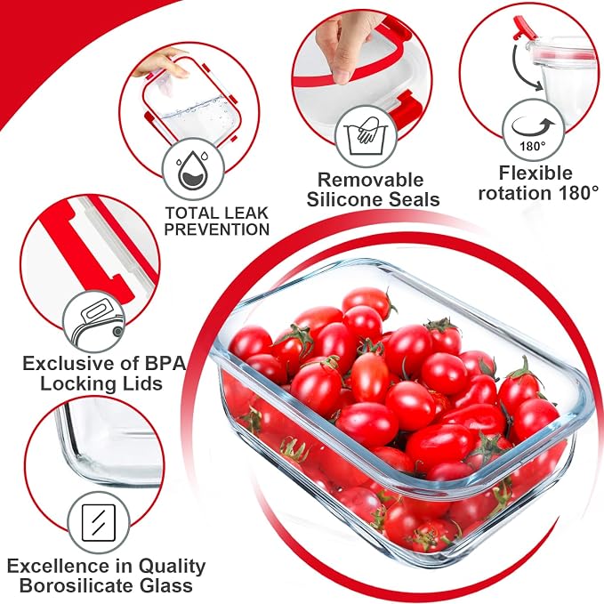 VERONES 5 PACK 36 OZ Glass Meal Prep Containers Set with Lids, Red | Airtight Glass Lunch Containers Set, Food Storage Containers with Lids, for Microwave, Oven, Freezer & Dishwasher Friendly